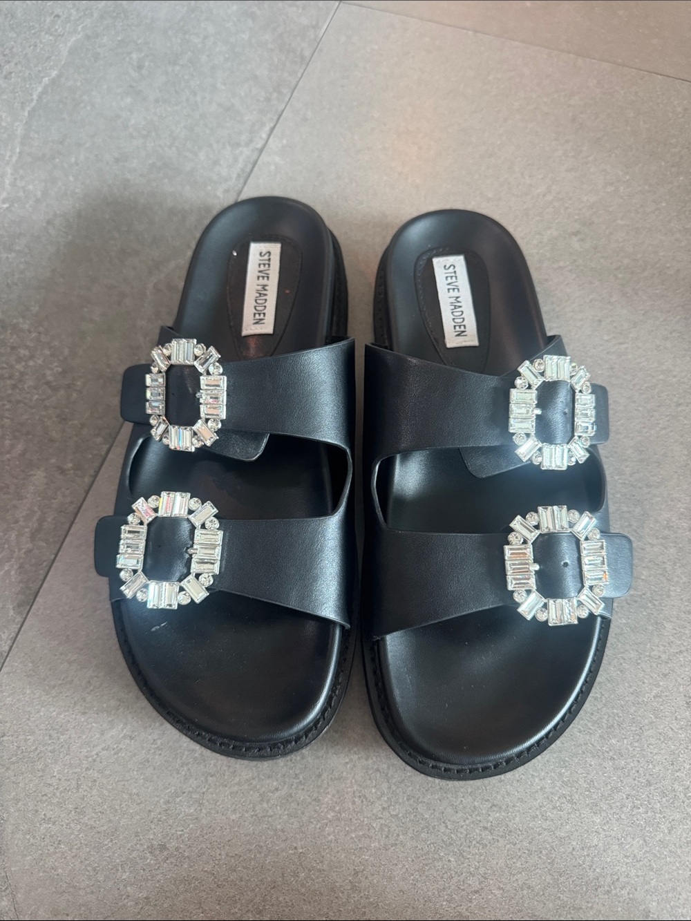 Steve Madden Black Jeweled Double-Buckle Slide Sandals